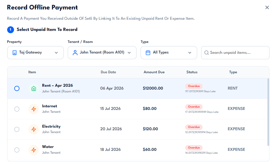 Select an Unpaid Item